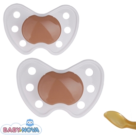Skånesutter med navn (hvid med brun knop) latex str. 2. Pakke med 2 stk. sutter
